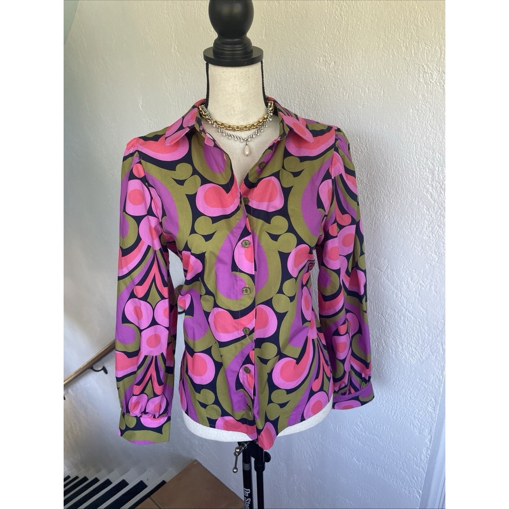 Flora Bea NYC NWOT Modern‎ Vintage Colorful Pink Printed Blouse Size Medium